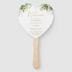 Elegant Greenery Floral Gold Wedding Program Heart Hand Fan