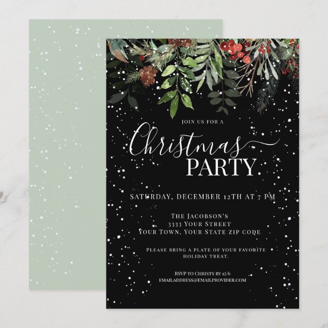 Elegant Greenery Floral Holiday Christmas Party Invitation (Front/Back)