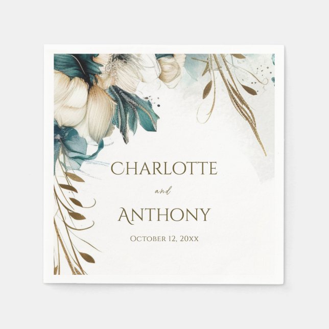 Elegant Greenery Floral Minimal Teal Gold Wedding Napkins (Front)