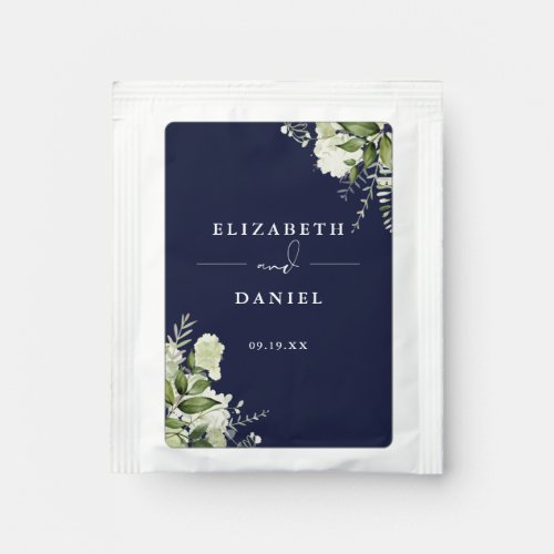 Elegant Greenery Floral Navy Blue Wedding Favor Tea Bag Drink Mix