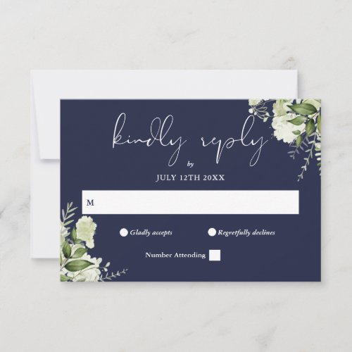 Elegant Greenery Floral Navy Blue Wedding RSVP Card