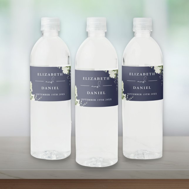 Elegant Greenery Floral Navy Blue Wedding Water Bottle Label (Elegant Greenery Floral Navy Blue Wedding Water Bottle Label)
