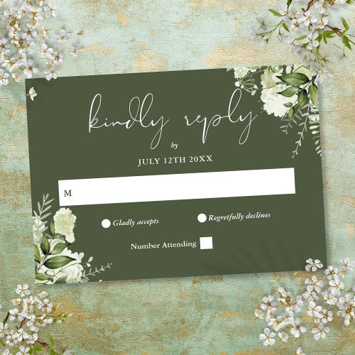 Elegant Greenery Floral Olive Green Wedding RSVP Card