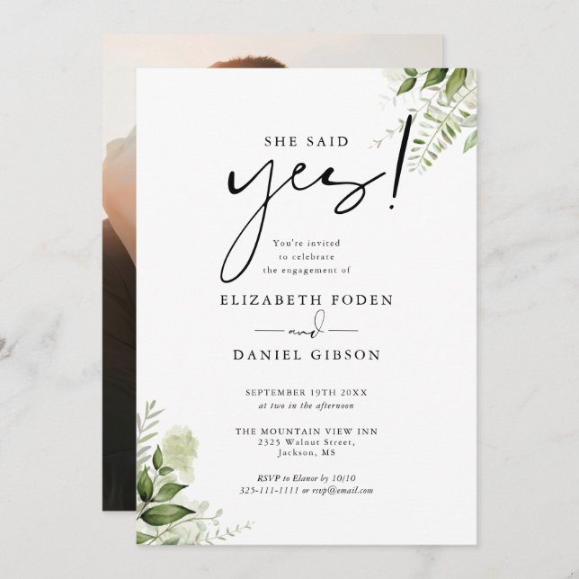 Elegant Greenery Floral Photo Engagement Party Invitation (Front/Back)