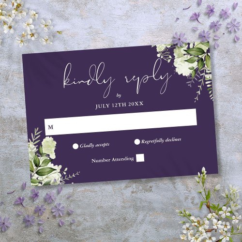 Elegant Greenery Floral Purple Wedding RSVP Card