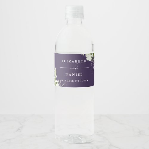 Elegant Greenery Floral Purple Wedding Water Bottle Label