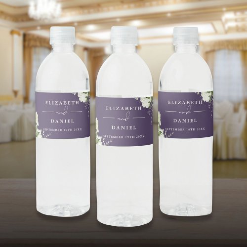 Elegant Greenery Floral Purple Wedding Water Bottle Label