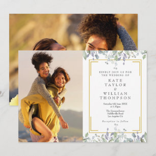 Elegant Greenery Floral Sage Lilac 2 Photo Wedding Invitation
