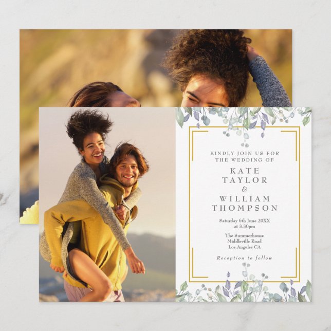 Elegant Greenery Floral Sage Lilac 2 Photo Wedding Invitation (Front/Back)