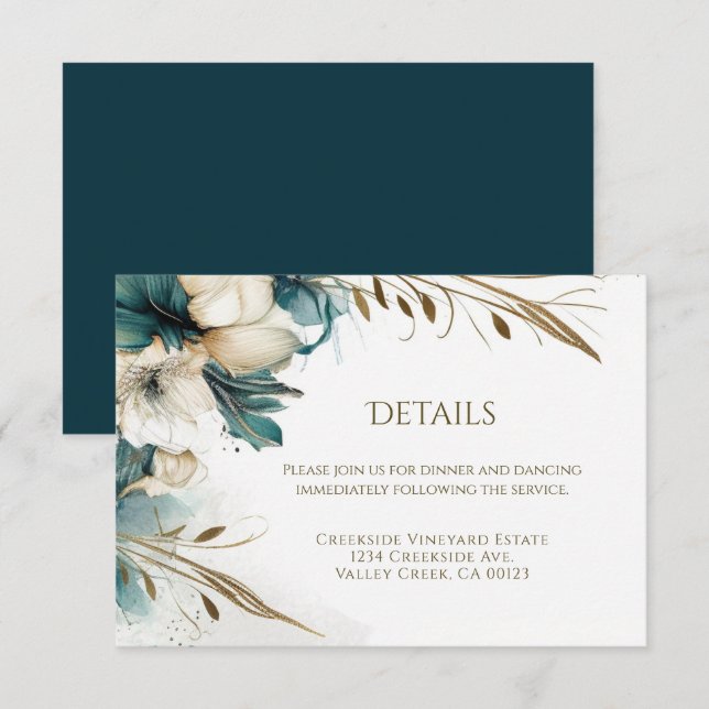 Elegant Greenery Floral Teal Gold Wedding Enclosure Card (Front/Back)