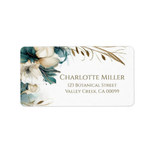 Elegant Greenery Floral Teal Gold Wedding Label