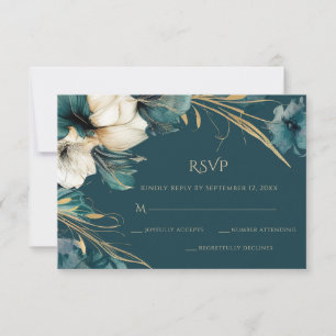 Elegant Greenery Floral Teal Gold Wedding RSVP Card