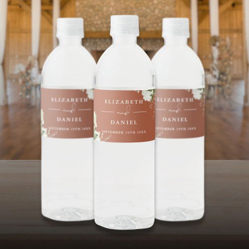 Elegant Greenery Floral Terracotta Wedding Water Bottle Label