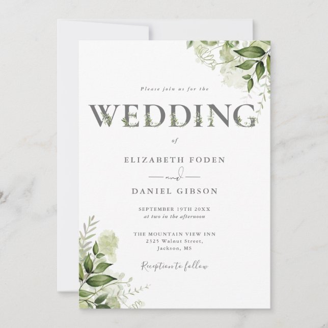 Elegant Greenery Floral Typography Wedding Invitation (Front)