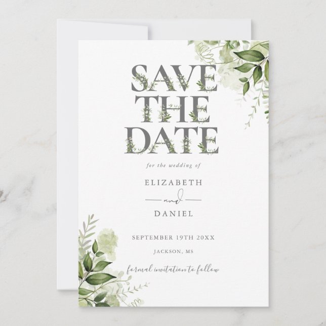 Elegant Greenery Floral Typography Wedding Save The Date (Front)