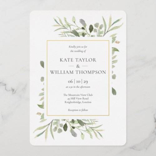 Elegant Greenery Floral Wedding Gold Foil Invitation