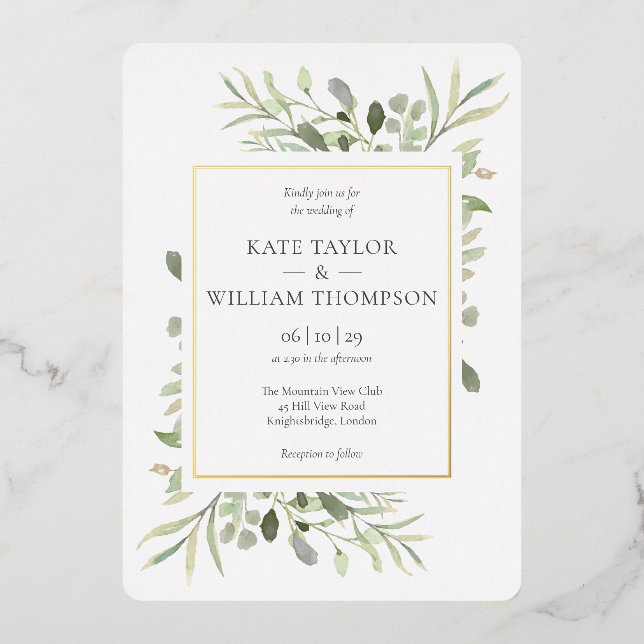 Elegant Greenery Floral Wedding Gold Foil Invitation (Front)
