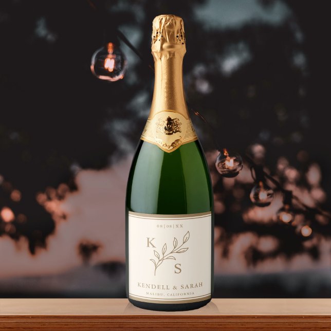 Elegant Greenery Floral Wedding Logo Monogram Sparkling Wine Label (Creator Uploaded)