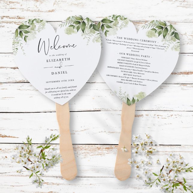 Elegant Greenery Floral Wedding Program Heart Hand Fan (Elegant Greenery Floral Wedding Program Heart Hand Fan)