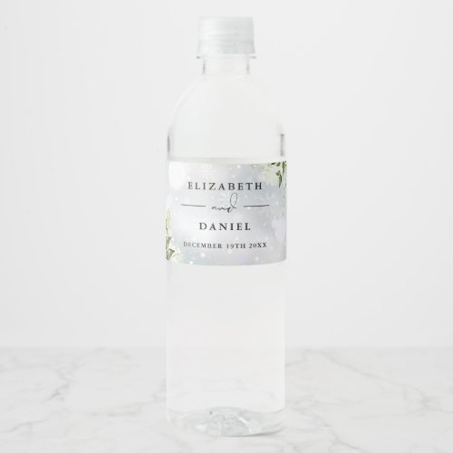 Elegant Greenery Floral Winter Wedding Water Bottle Label