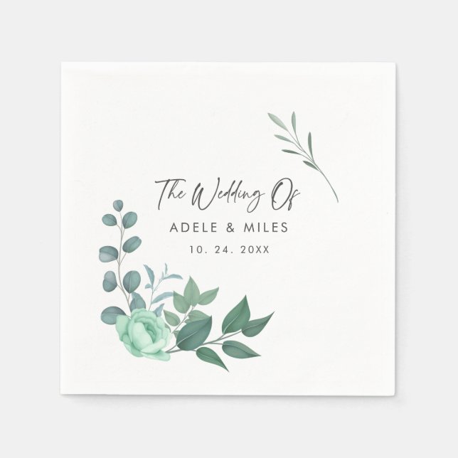 Elegant Greenery Flowers Personalized Names Weddin Napkins (Front)