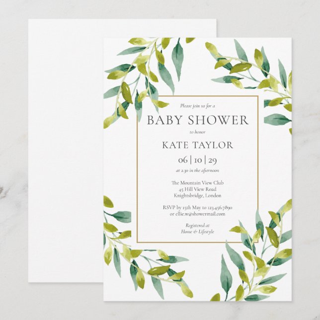 Elegant Greenery Foliage Baby Shower Invitation (Front/Back)