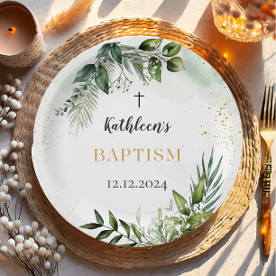 Elegant Greenery Foliage Baptism Paper Plates
