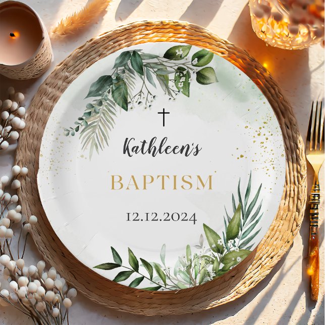 Elegant Greenery Foliage Baptism Paper Plates (Creator Uploaded)