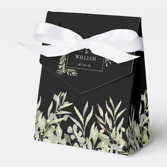 Elegant Greenery Foliage Black Gold Wedding Favor Boxes (Front Side)
