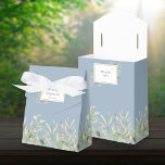 Elegant Greenery Foliage Bridal Shower Dusty Blue Favor Boxes<br><div class="desc">Elegant soft greenery leaves bridal shower favor box featuring delicate watercolor leaves on a dusty blue background framing the brides to be's name and special date set in modern typography. You can personalize with your own thank you message under the lid. A perfect way to say thank you to your...</div>