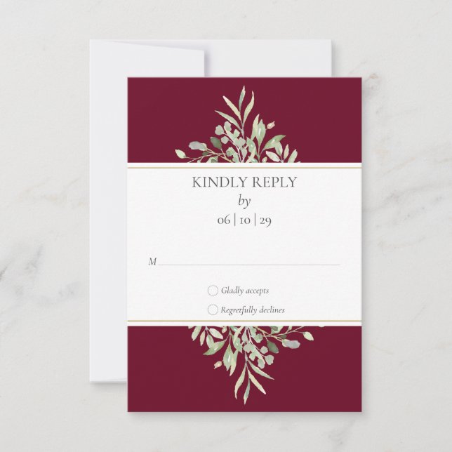 Elegant Greenery Foliage Burgundy Wedding RSVP Card (Front)