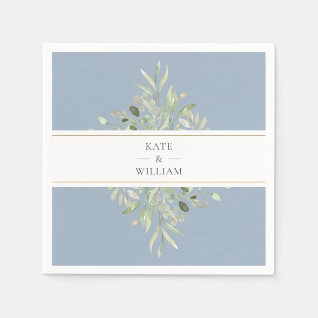 Elegant Greenery Foliage Dusty Blue Wedding Napkins (Front)