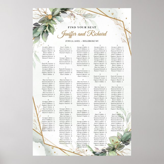 Elegant greenery foliage faux gold Alphabetical Poster (Front)