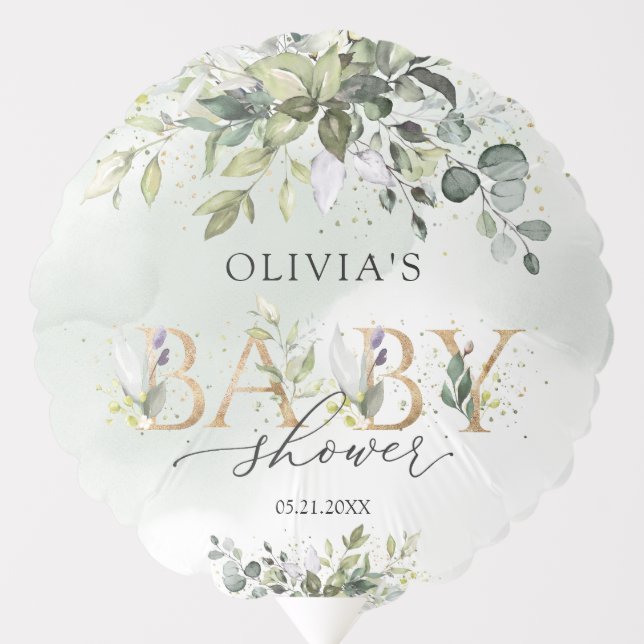 Elegant greenery foliage faux gold baby shower balloon (Front)
