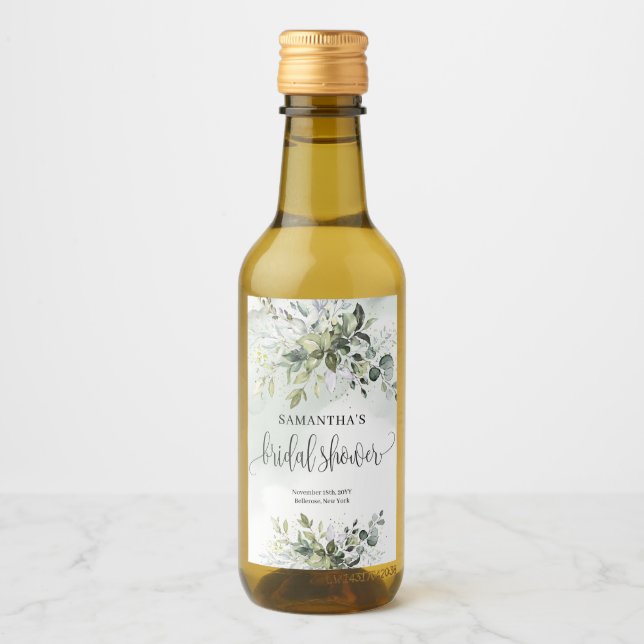 Elegant greenery foliage faux gold Bridal Shower Wine Label (Front)