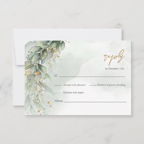 Elegant greenery foliage faux gold geometric RSVP