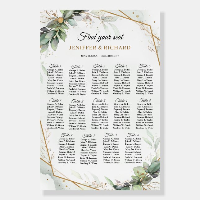 Elegant greenery foliage faux gold seating chart foam board (Front)