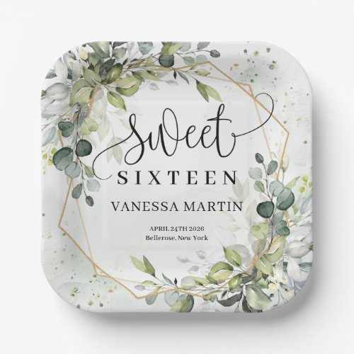 Elegant greenery foliage faux gold sweet sixteen paper plates