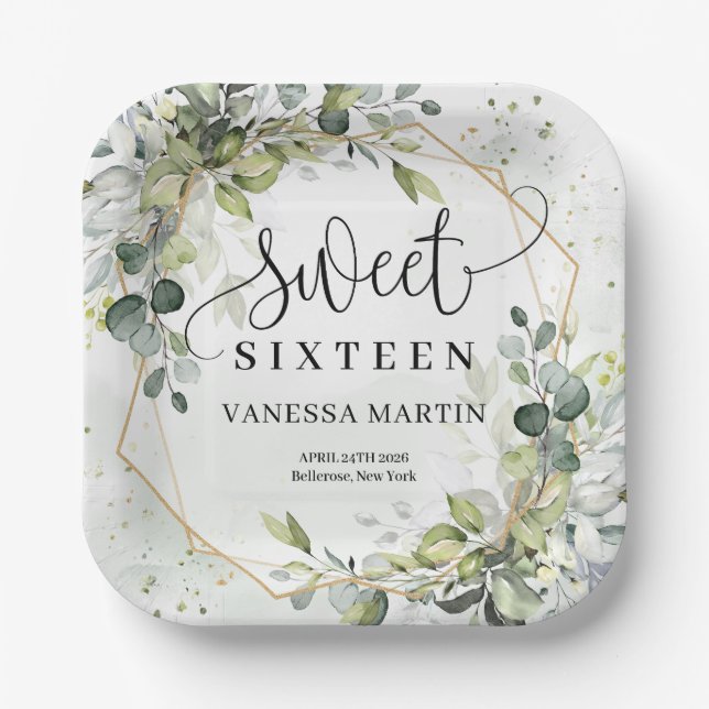 Elegant greenery foliage faux gold sweet sixteen paper plates (Front)