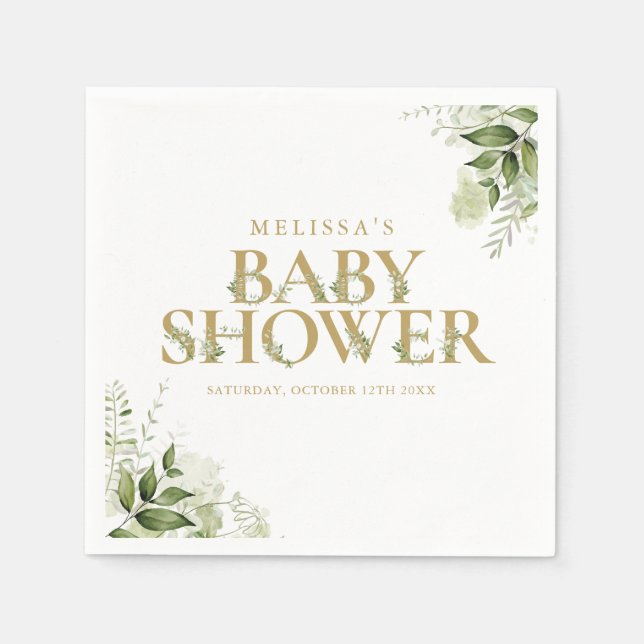 Elegant Greenery Foliage Gold Baby Shower Napkins (Front)
