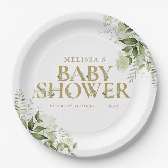 Elegant Greenery Foliage Gold Baby Shower Paper Plates (Front)