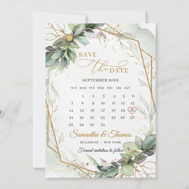 Elegant greenery foliage gold geometric calendar save the date (Front)