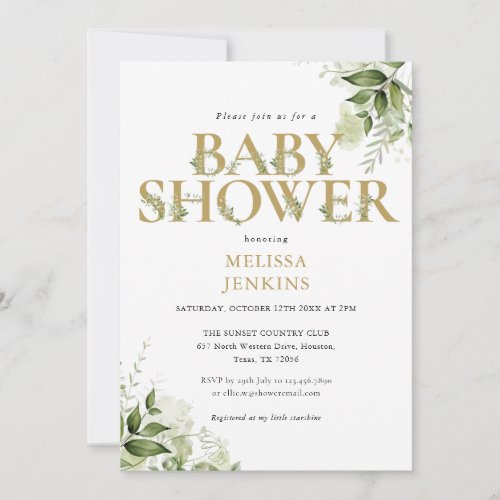 Elegant Greenery Foliage Gold Letter Baby Shower Invitation