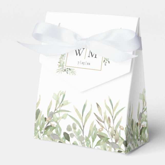 Elegant Greenery Foliage Monogram Wedding Favor Boxes (Front Side)