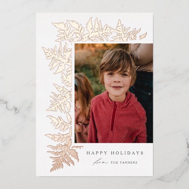 Elegant Greenery Foliage Photo Foil Holiday Card (Front)