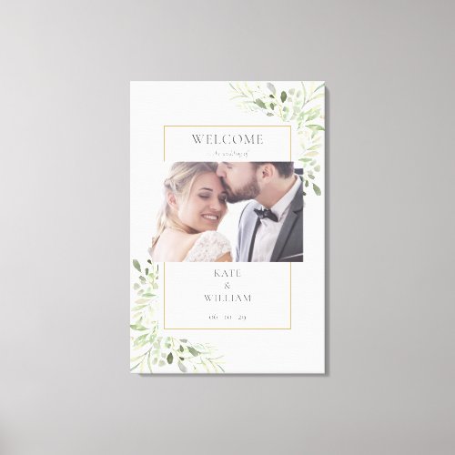 Elegant Greenery Foliage Photo Wedding Welcome Canvas Print