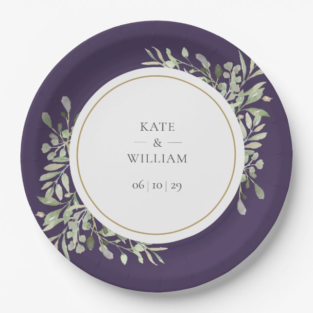 Elegant Greenery Foliage Purple Wedding Paper Plates (Front)