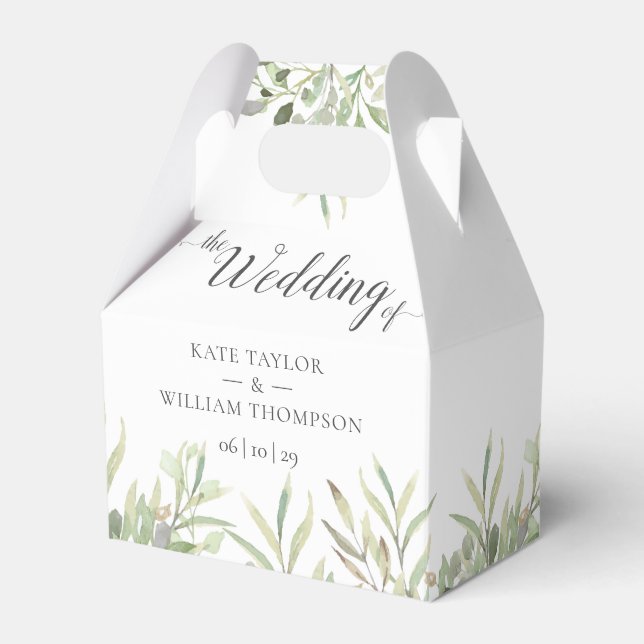 Elegant Greenery Foliage Script Wedding  Favor Boxes (Front Side)