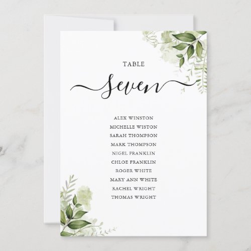 Elegant Greenery Foliage Seating Plan Table Number - These elegant botanical greenery leaves wedding table numbers can be personalized with your guests' seating plan set in chic typography. The cards are printed on the front and back (double-sided). Designed by Thisisnotme©