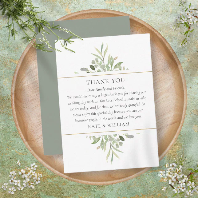 Elegant Greenery Foliage Wedding Thank You Place Card | Zazzle